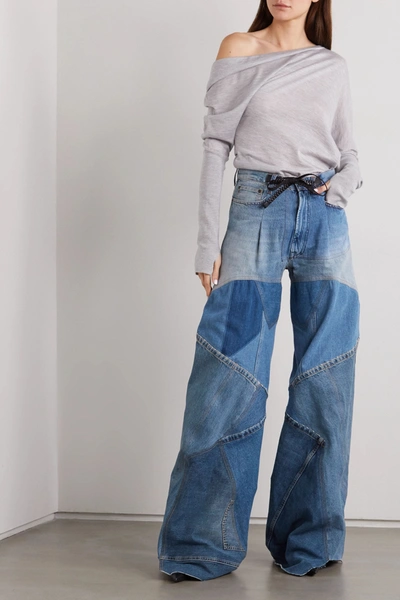 Shop Tom Ford Leather-trimmed Distressed Patchwork High-rise Wide-leg Jeans In Blue