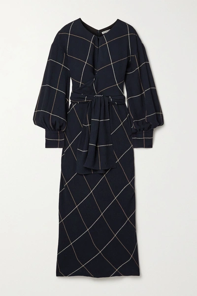 Shop Three Graces London Victoria Draped Checked Woven Maxi Dress In Midnight Blue