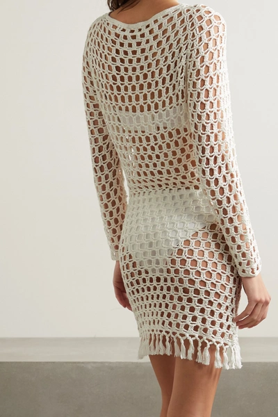 Shop Marysia Tasseled Crocheted Bamboo Mini Dress In Cream