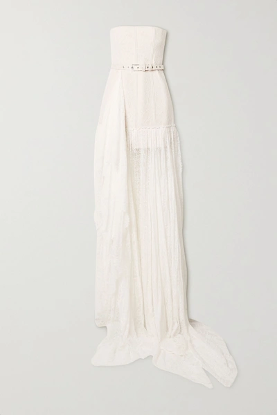 Shop Danielle Frankel Delphine Strapless Belted Corded Lace Gown In White