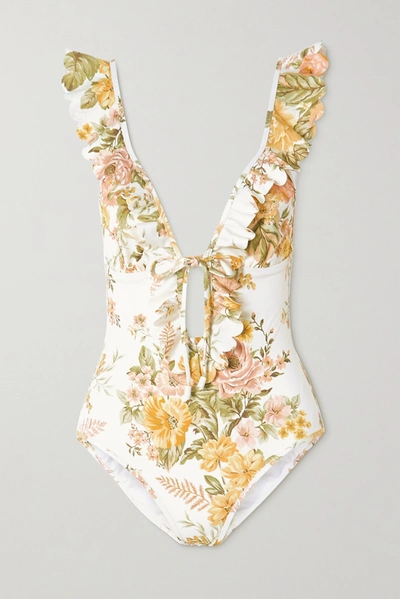 Shop Zimmermann Amelie Ruffled Floral-print Swimsuit In Ivory