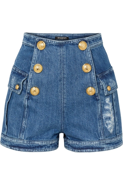 Shop Balmain Button-embellished Distressed Denim Shorts In Blue