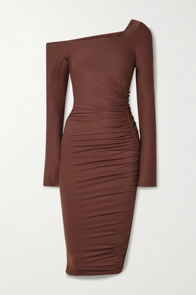 Shop Alix Nyc Chambers One-shoulder Ruched Stretch-jersey Midi Dress In Brown