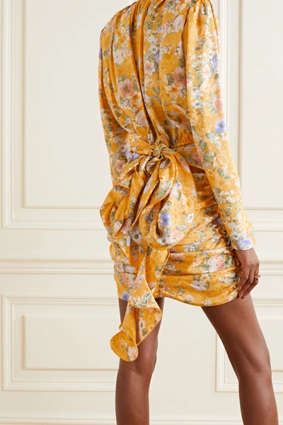 Shop Magda Butrym Belted Ruched Floral-print Silk-satin Jacquard Mini Dress In Marigold