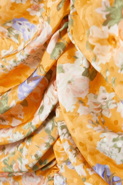 Shop Magda Butrym Belted Ruched Floral-print Silk-satin Jacquard Mini Dress In Marigold