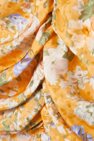 Magda Butrym Belted Ruched Floral-print Silk-satin Jacquard Mini Dress In Marigold