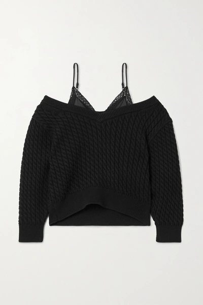 Shop Alexander Wang T Cold-shoulder Satin And Lace-trimmed Cable-knit Cotton-blend Sweater In Black