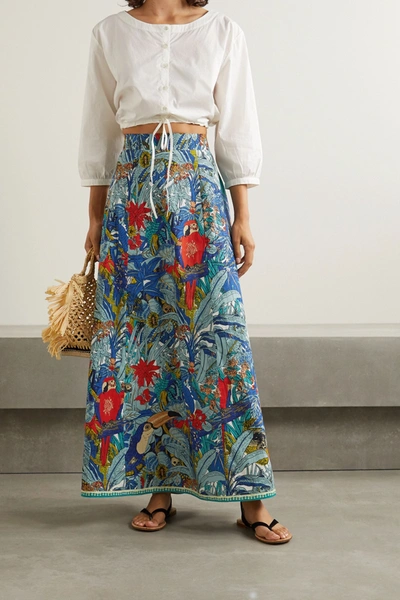 Shop Le Sirenuse Positano Camille Printed Cotton Maxi Skirt In Blue