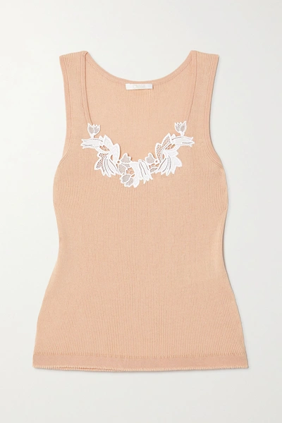 Shop Chloé Guipure Lace-trimmed Ribbed Cotton-jersey Tank In Beige