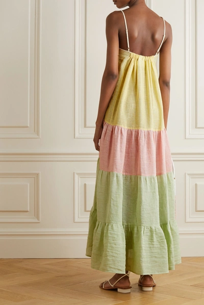 Shop Lisa Marie Fernandez St. Tropez Tiered Color-block Linen-blend Gauze Midi Dress In Mint