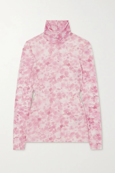 Shop Ganni Floral-print Stretch-mesh Turtleneck Top In Pink