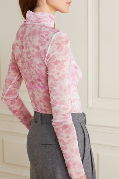 Shop Ganni Floral-print Stretch-mesh Turtleneck Top In Pink
