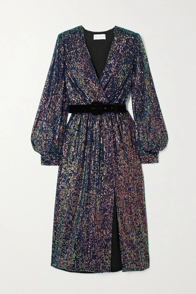 Shop Rebecca Vallance Roxbury Belted Wrap-effect Sequined Chiffon Midi Dress In Purple