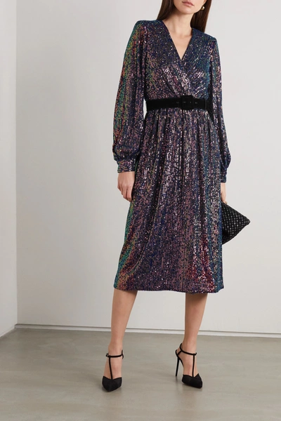 Shop Rebecca Vallance Roxbury Belted Wrap-effect Sequined Chiffon Midi Dress In Purple