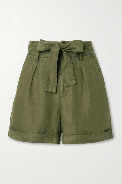 Shop Alex Mill Avery Belted Pleated Linen Shorts In Army Green