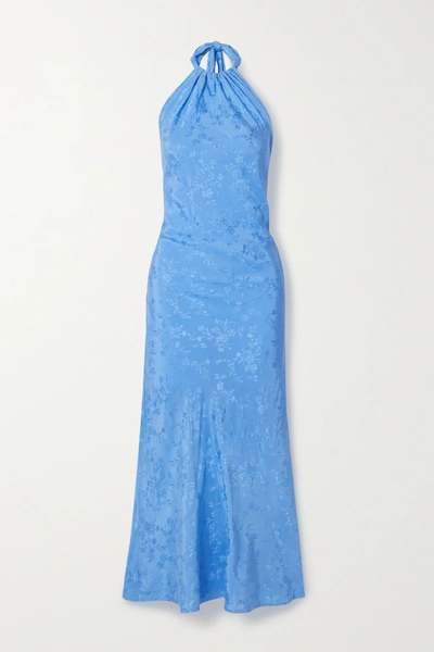 Shop The Line By K Belle Satin-jacquard Halterneck Maxi Dress In Blue