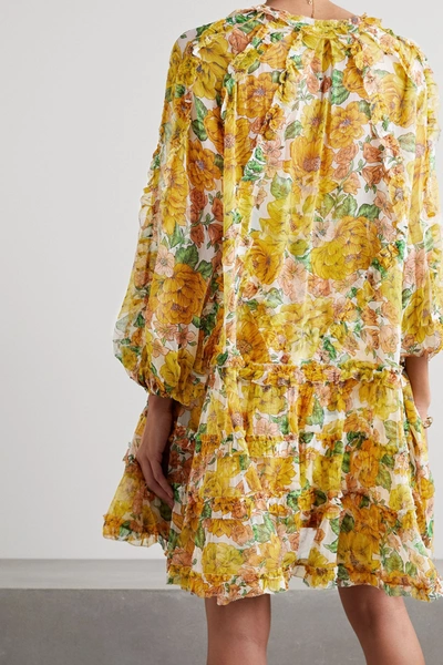 Shop Zimmermann Poppy Ruffled Floral-print Silk-crepon Mini Dress In Yellow