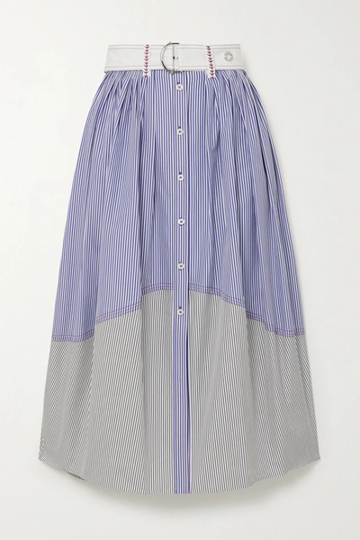 Shop Chloé Belted Paneled Striped Cotton-poplin Midi Skirt In Blue