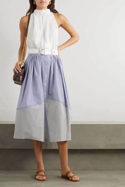 Shop Chloé Belted Paneled Striped Cotton-poplin Midi Skirt In Blue