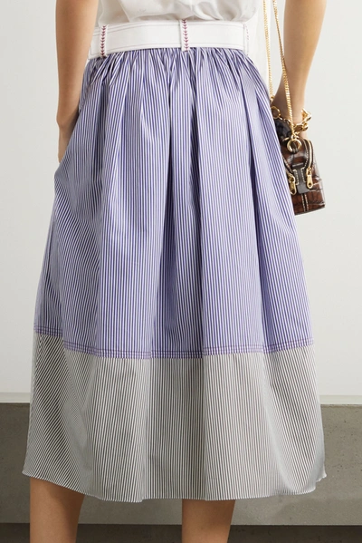 Shop Chloé Belted Paneled Striped Cotton-poplin Midi Skirt In Blue