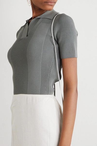 Shop Jacquemus Open-back Tie-detailed Ribbed-knit Top In Green