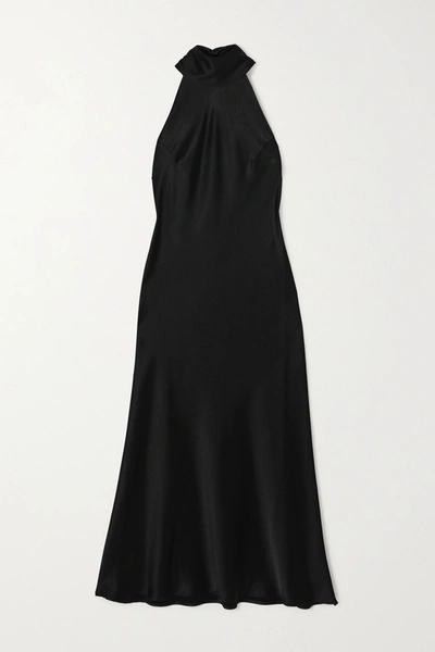 Shop Galvan Sienna Satin Halterneck Midi Dress In Black