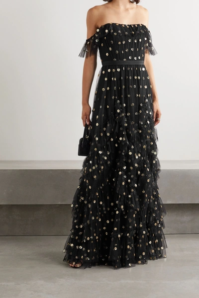 Shop Marchesa Notte Off-the-shoulder Ruffled Polka-dot Sequined Tulle Gown In Black