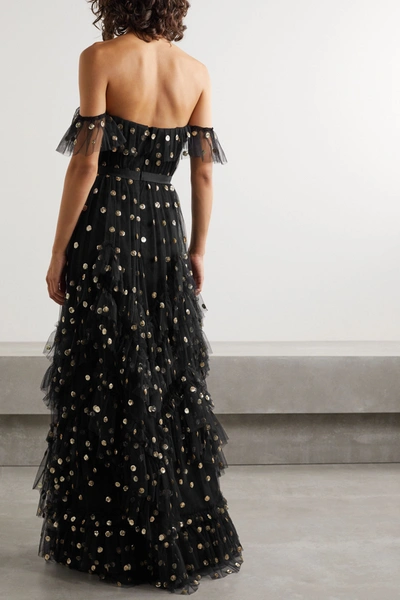 Shop Marchesa Notte Off-the-shoulder Ruffled Polka-dot Sequined Tulle Gown In Black