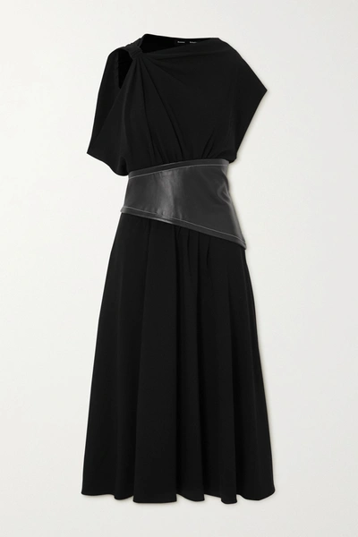 Shop Proenza Schouler Draped Crepe And Leather Midi Dress In Black