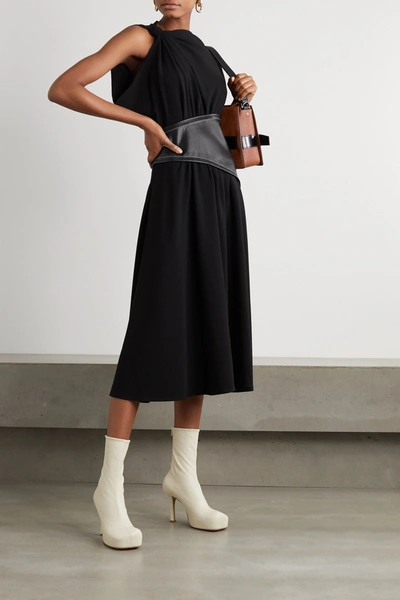 Shop Proenza Schouler Draped Crepe And Leather Midi Dress In Black