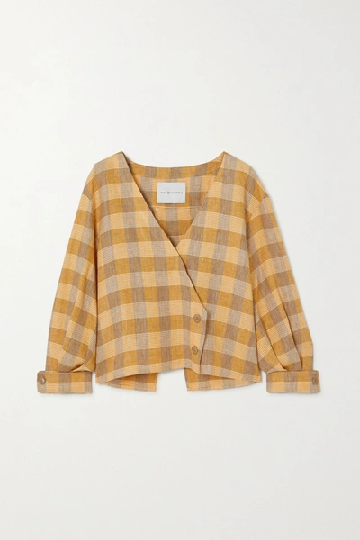 Shop King & Tuckfield Open-back Cropped Checked Linen Top In Yellow