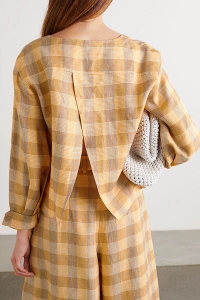 Shop King & Tuckfield Open-back Cropped Checked Linen Top In Yellow