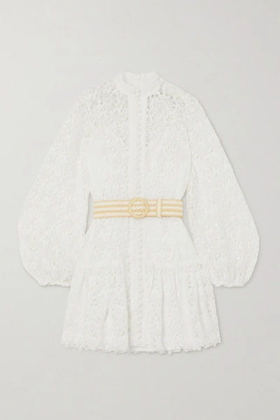 Shop Zimmermann Belted Button-detailed Guipure Lace Mini Dress In Ivory