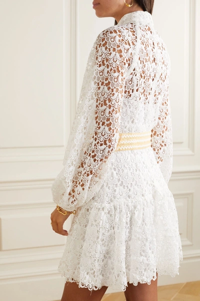 Shop Zimmermann Belted Button-detailed Guipure Lace Mini Dress In Ivory
