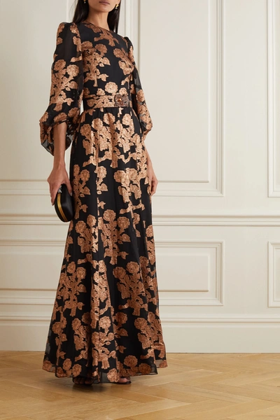 Shop Andrew Gn Embellished Metallic Fil Coupé Silk-blend Gown In Copper