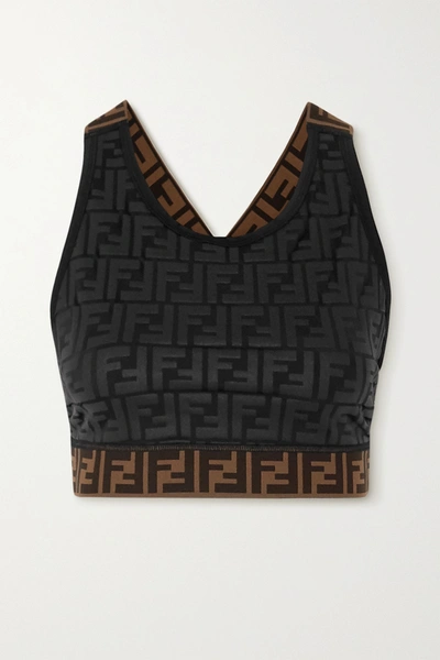 Shop Fendi Jacquard-trimmed Printed Stretch Sports Bra In Black