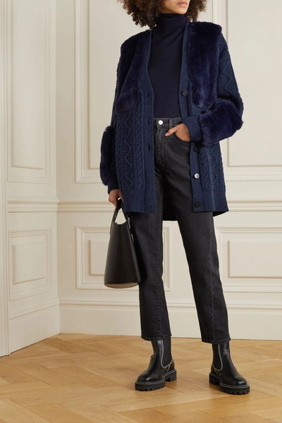 Shop Stella Mccartney Cable-knit Wool-blend And Faux Fur Cardigan In Navy