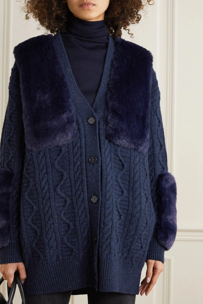 Shop Stella Mccartney Cable-knit Wool-blend And Faux Fur Cardigan In Navy