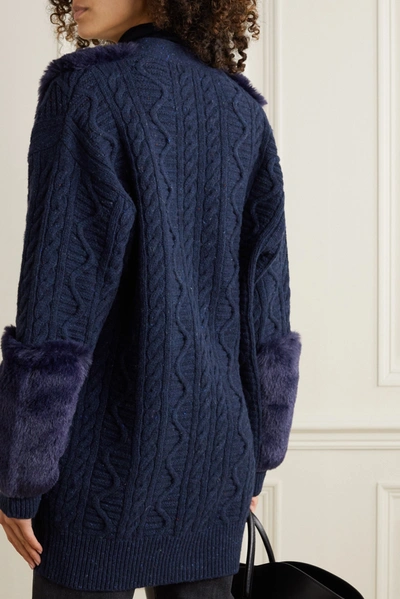 Shop Stella Mccartney Cable-knit Wool-blend And Faux Fur Cardigan In Navy