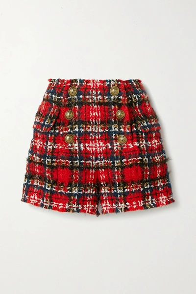 Shop Balmain Frayed Checked Tweed Shorts In Red