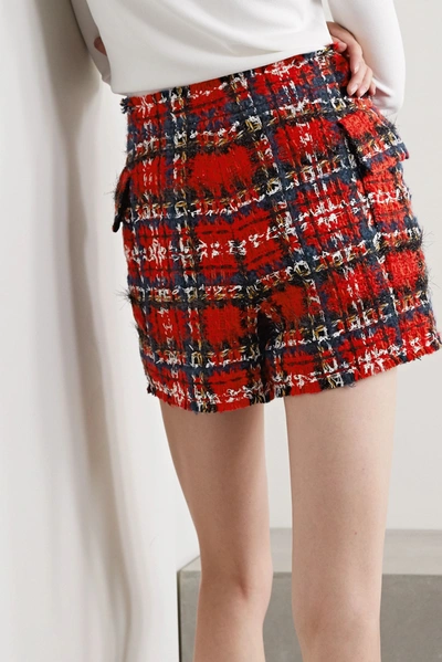 Shop Balmain Frayed Checked Tweed Shorts In Red