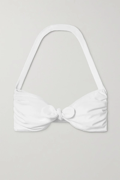 Shop Norma Kamali Knotted Ruched Halterneck Bikini Top In White