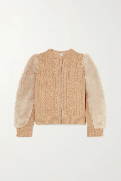 Stella Mccartney Faux Fur-trimmed Cable-knit Wool Jacket In Beige | ModeSens