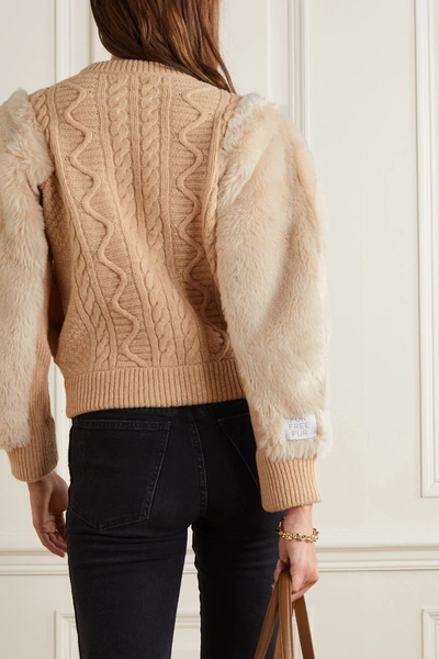 Shop Stella Mccartney Faux Fur-trimmed Cable-knit Wool Jacket In Beige