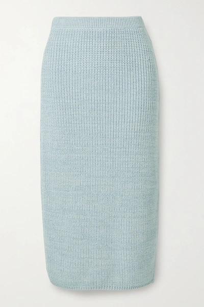 Shop Adam Lippes Ribbed Wool, Silk And Cashmere-blend Midi Skirt In Sky Blue