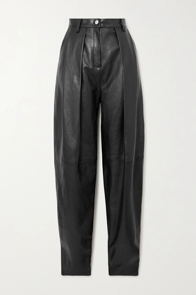 Shop Magda Butrym Pleated Leather Tapered Pants In Black