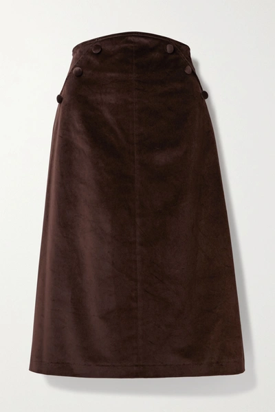 Shop Anna Mason Ruth Button-detailed Cotton-velvet Midi Skirt In Brown