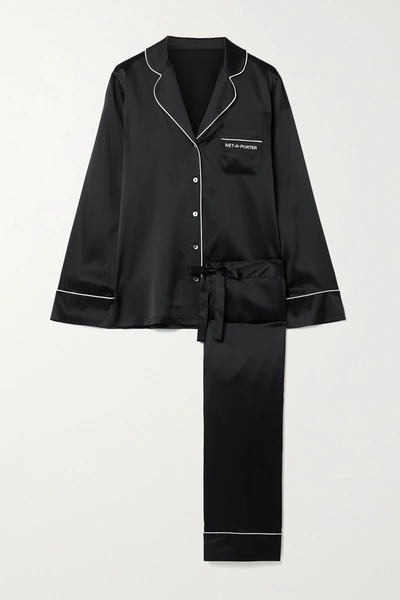 Shop Journelle + Net-a-porter Embroidered Silk-blend Satin Pajama Set In Black