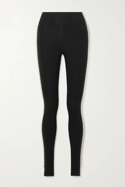 Shop The Marc Jacobs + Capezio Faux Pearl-embellished Stretch-cotton Jersey Stirrup Leggings In Black