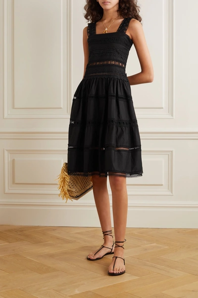 Shop Waimari Maya Shirred Crocheted Lace-trimmed Cotton-blend Dress In Black
